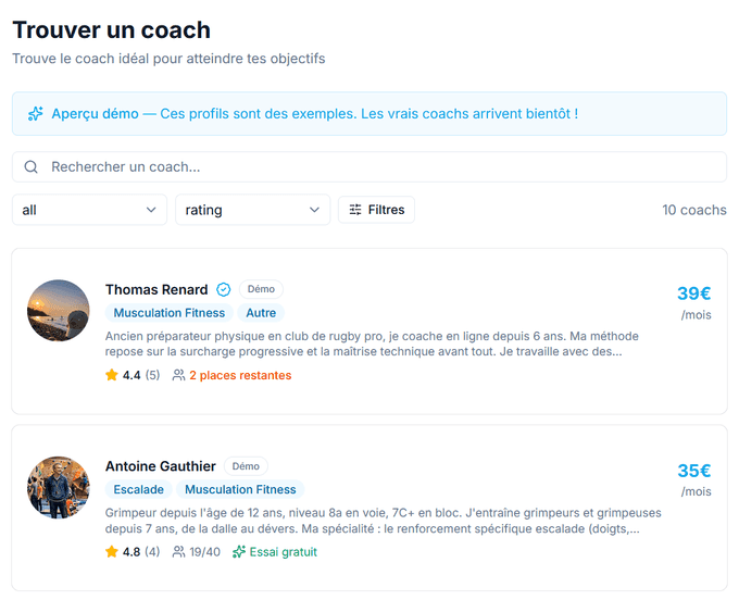 Marketplace des coachs GetGrip